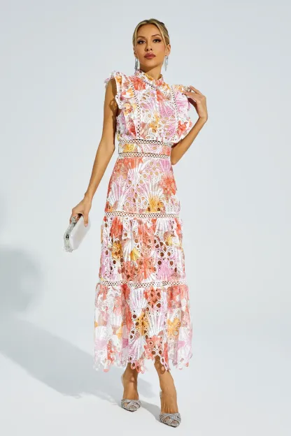 Juliana Orange Hollow Sleeveless Midi Dress