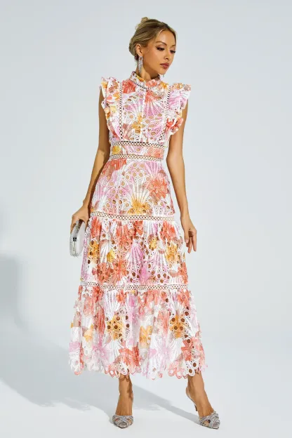 Juliana Orange Hollow Sleeveless Midi Dress