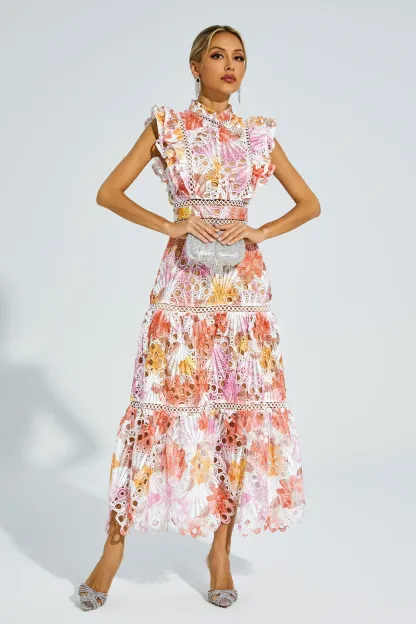 Juliana Orange Hollow Sleeveless Midi Dress