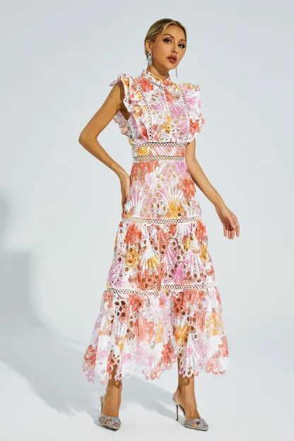 Juliana Orange Hollow Sleeveless Midi Dress