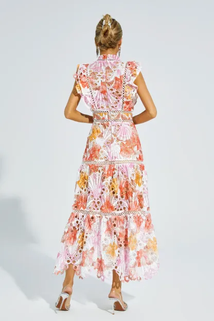 Juliana Orange Hollow Sleeveless Midi Dress