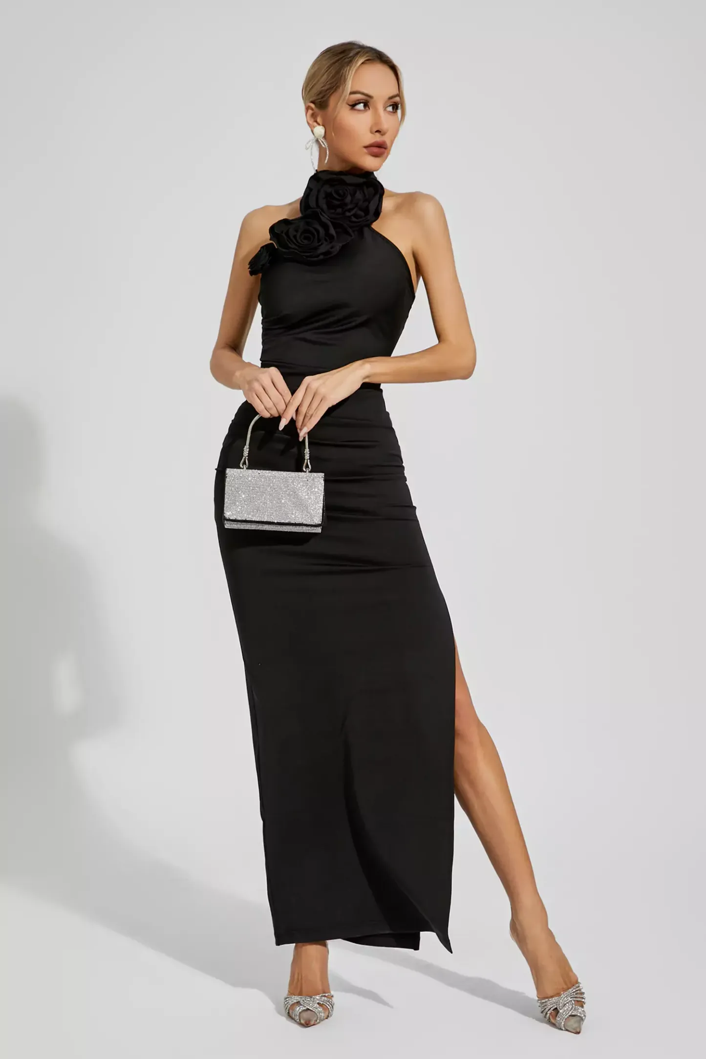 Concetta Black Floral Ruched Halter Maxi Dress