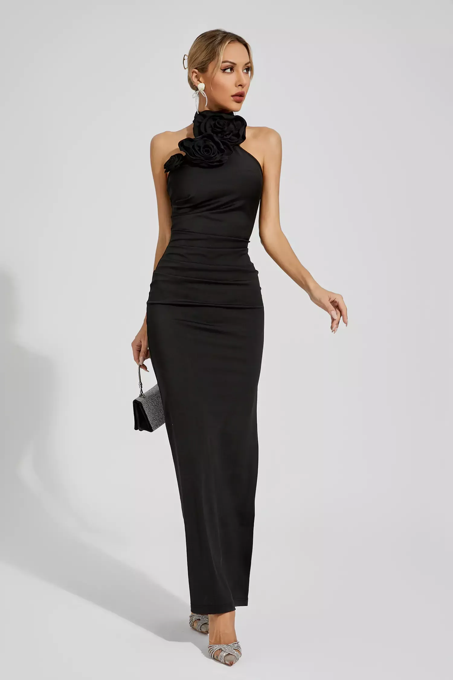 Concetta Black Floral Ruched Halter Maxi Dress