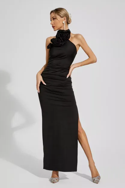 Concetta Black Floral Ruched Halter Maxi Dress