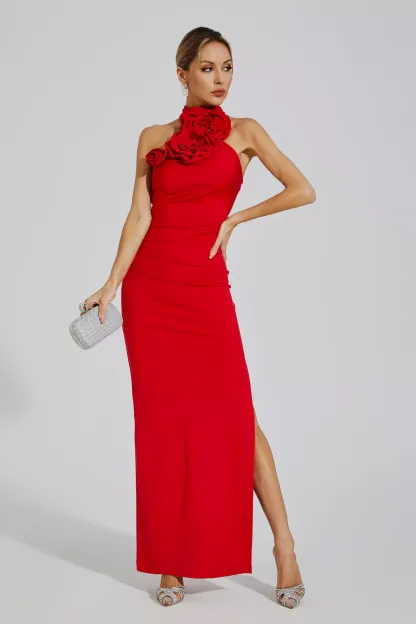 Concetta Red Floral Ruched Halter Maxi Dress
