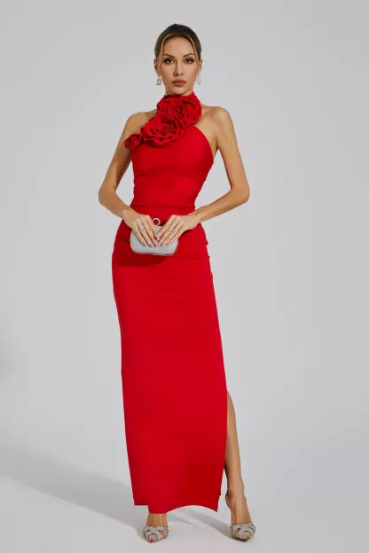 Concetta Red Floral Ruched Halter Maxi Dress