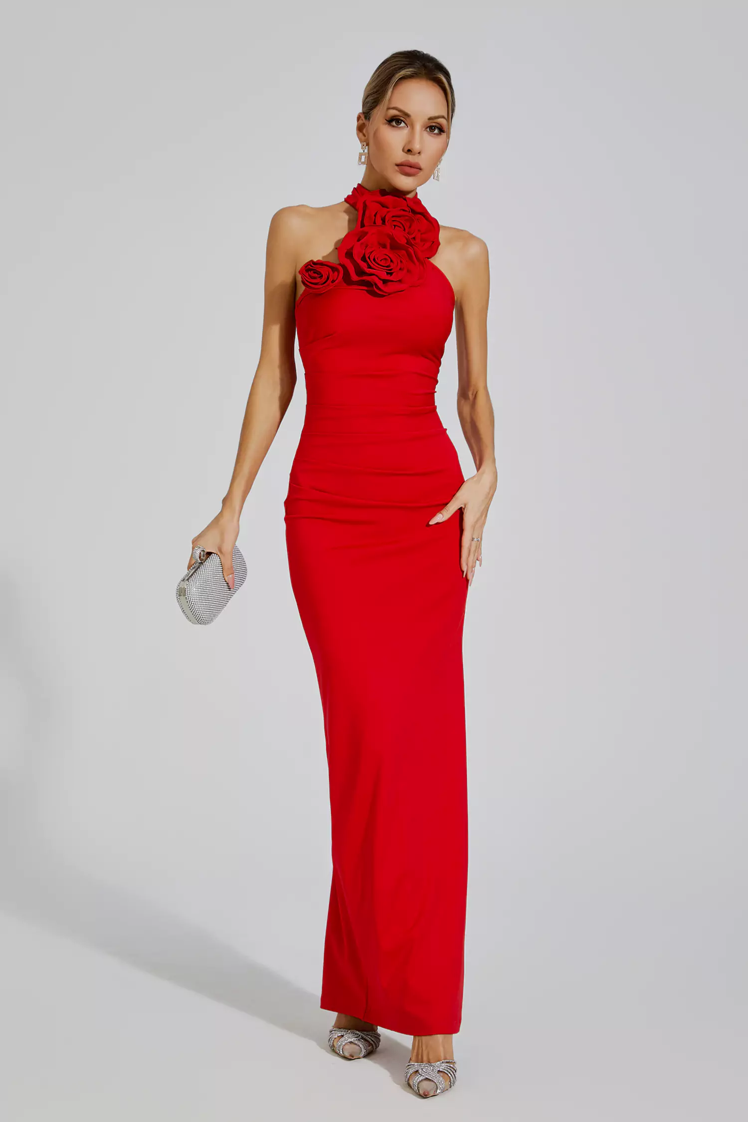 Concetta Red Floral Ruched Halter Maxi Dress