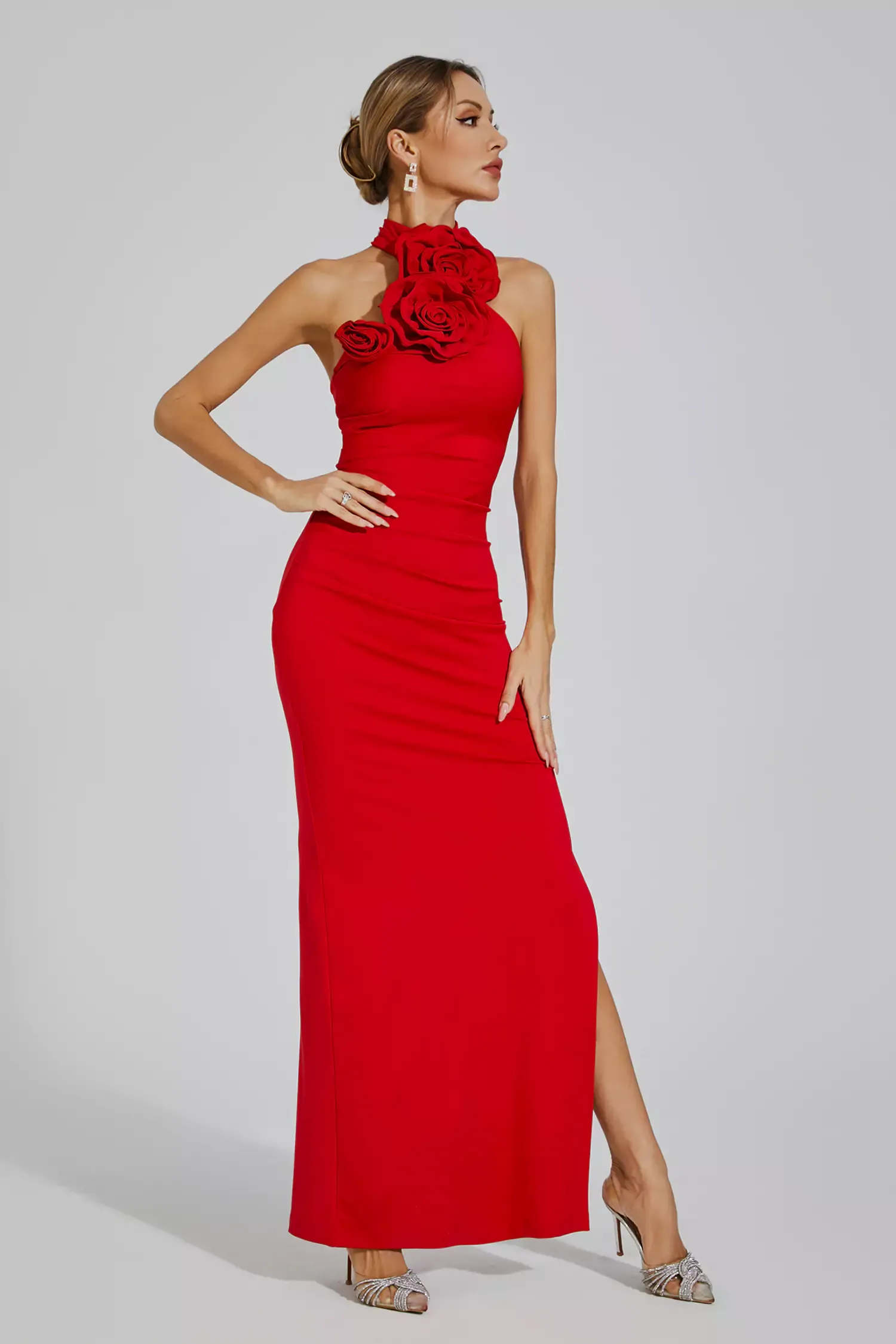 Concetta Red Floral Ruched Halter Maxi Dress