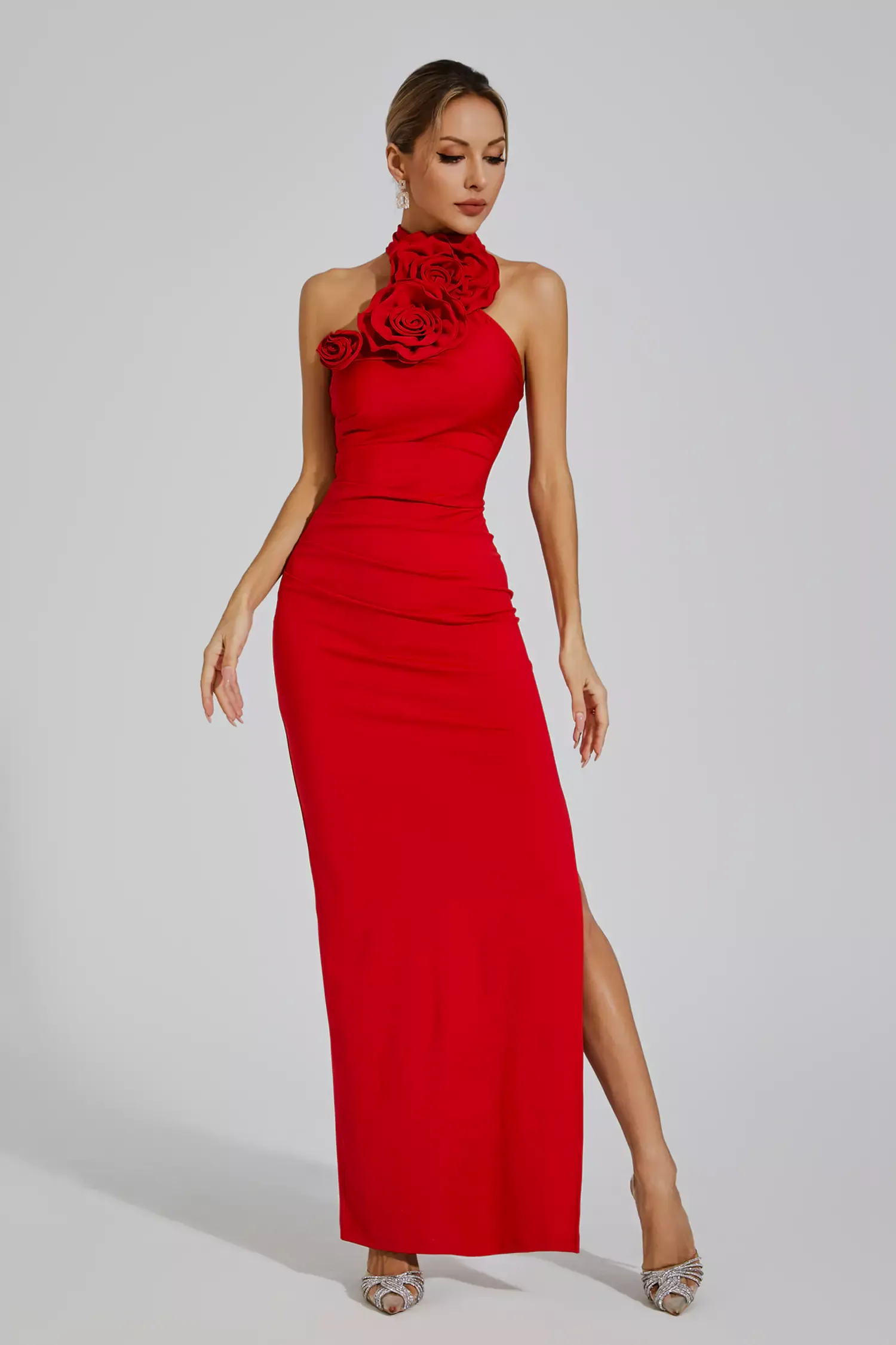 Concetta Red Floral Ruched Halter Maxi Dress