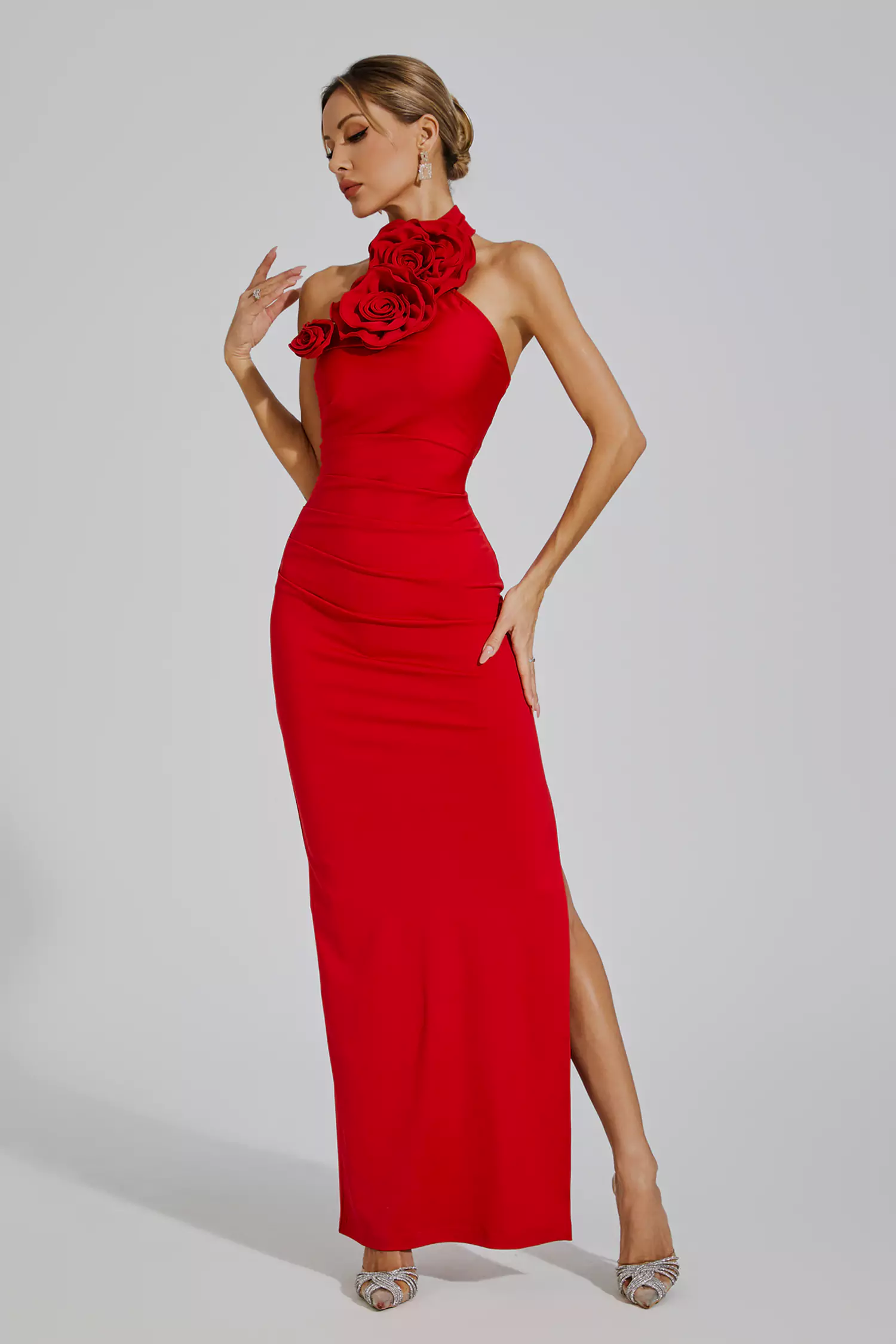 Concetta Red Floral Ruched Halter Maxi Dress