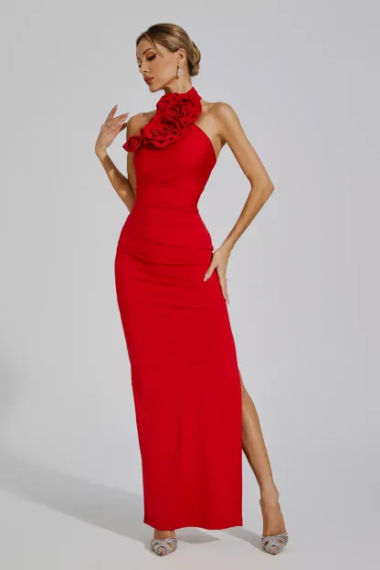 Concetta Red Floral Ruched Halter Maxi Dress
