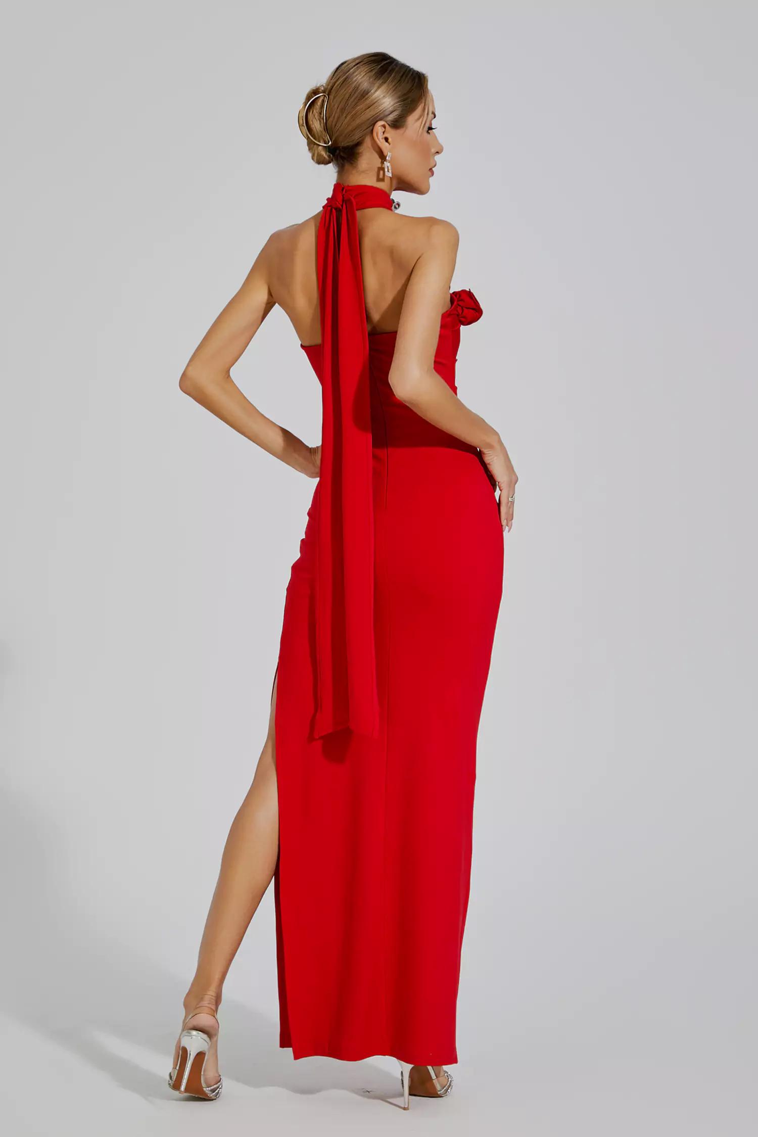 Concetta Red Floral Ruched Halter Maxi Dress