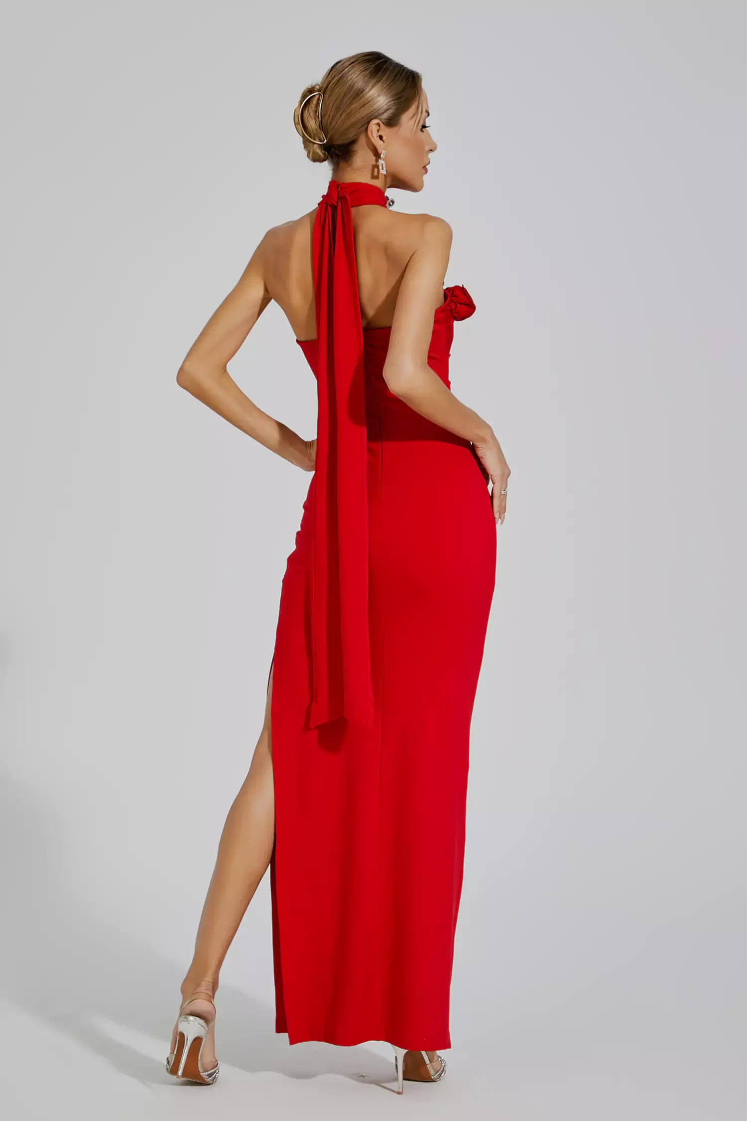 Concetta Red Floral Ruched Halter Maxi Dress