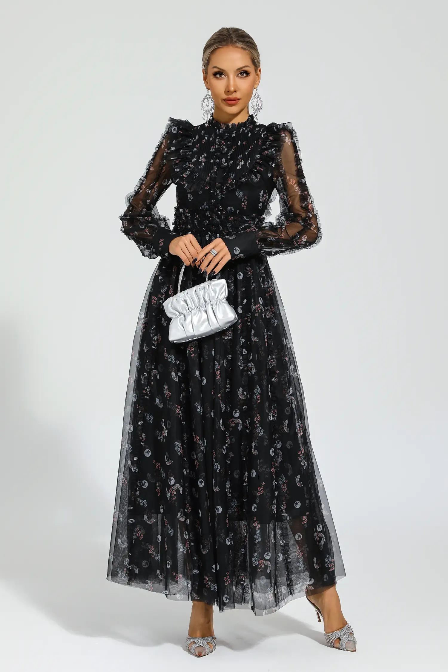 Jillian Black Floral Long Sleeve Dress