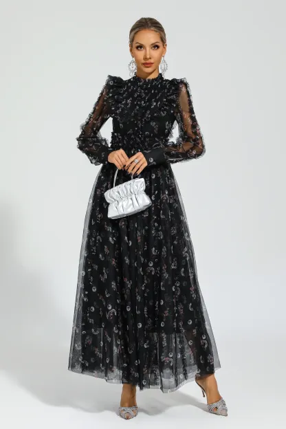 Jillian Black Floral Long Sleeve Dress