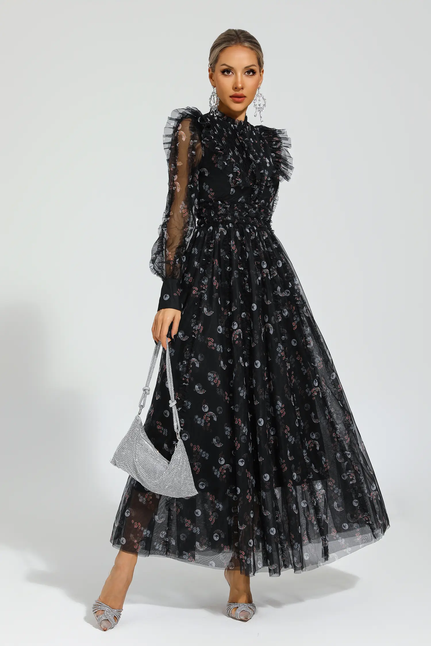 Jillian Black Floral Long Sleeve Dress