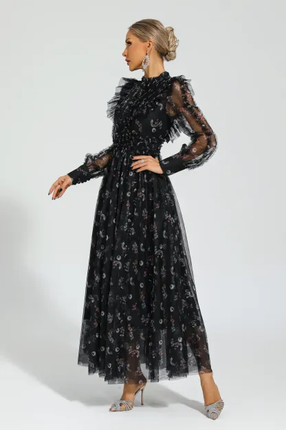Jillian Black Floral Long Sleeve Dress