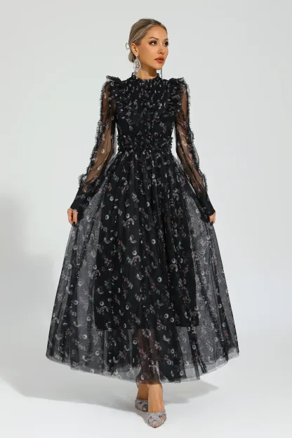 Jillian Black Floral Long Sleeve Dress