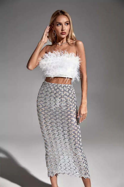 Janet White Feather Sequin Bandage Set