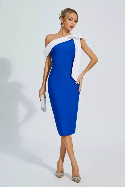 Deann Blue Bow One Shoulder Bandage Dress