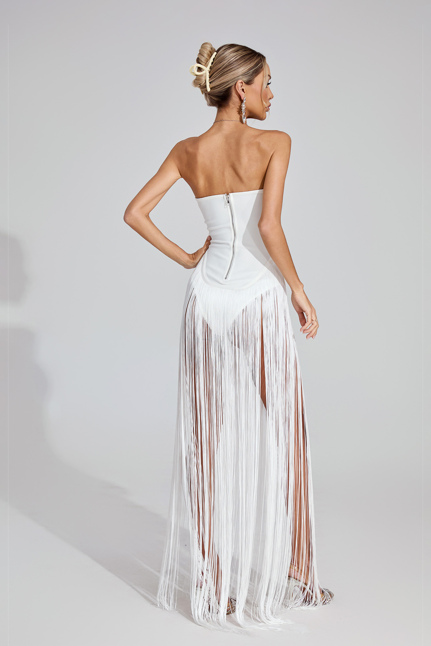 Kamryn White Fringe Strapless Maxi Dress