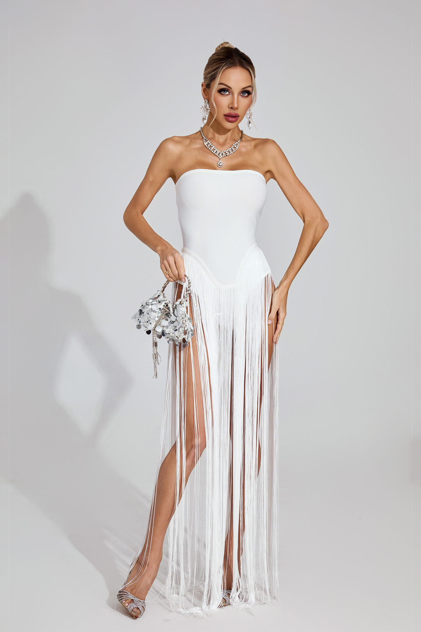 Kamryn White Fringe Strapless Maxi Dress