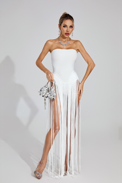 Kamryn White Fringe Strapless Maxi Dress