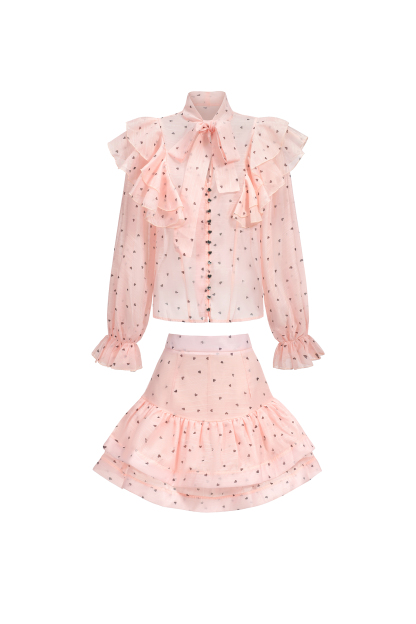 Evonne Rufflede Dot Printed Bowknot Top And Skirt Two-Piece Set