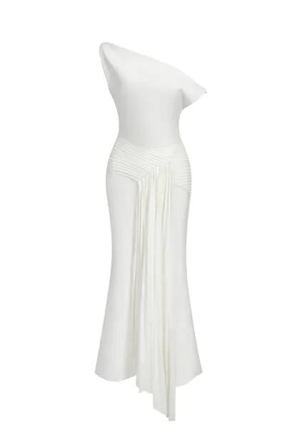 Kassidy Oblique Shoulder Sleeveless Folds Midi Dress