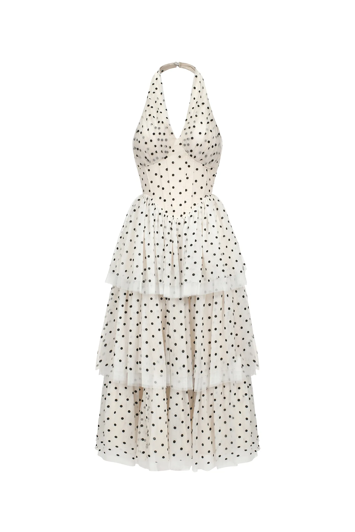 Kelley Sleeveless Dot Printed Layered Folds Midi Dress
