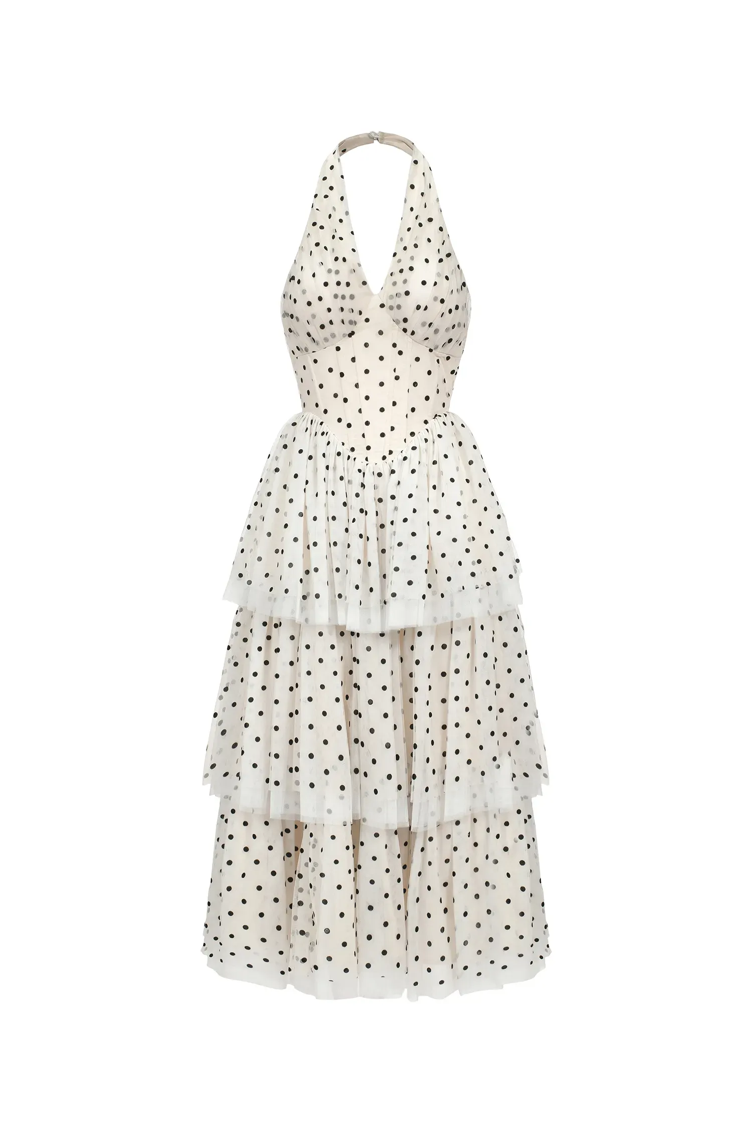 Kelley Sleeveless Dot Printed Layered Folds Midi Dress