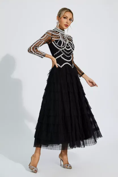 Jaelyn Black Beading Maxi Evening Dress