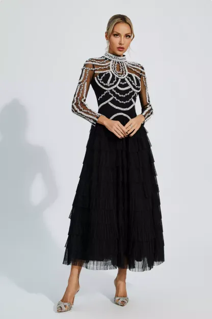 Jaelyn Black Beading Maxi Evening Dress