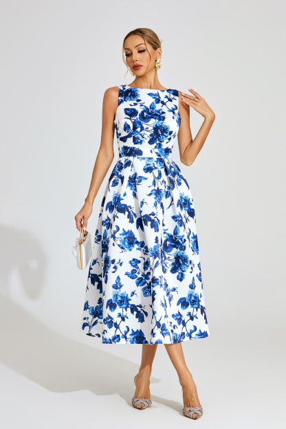 Elayne Blue Floral Midi Dress