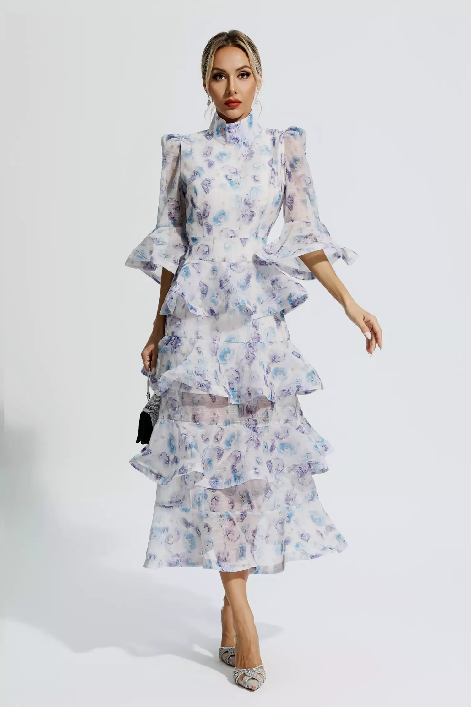 Cynthia Blue Purple Floral Ruched Maxi Dress