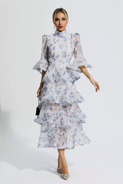 Cynthia Blue Purple Floral Ruched Maxi Dress