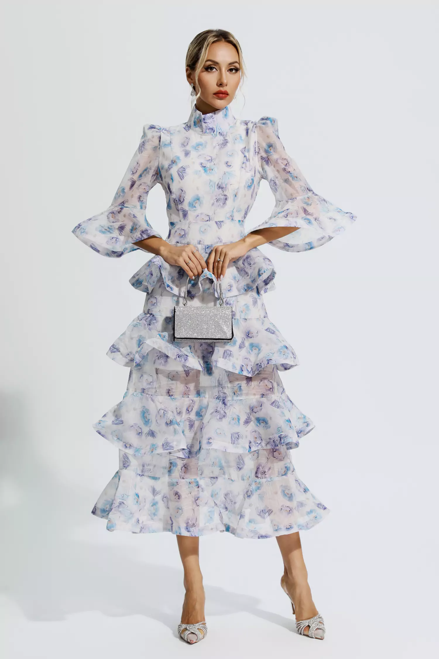 Cynthia Blue Purple Floral Ruched Maxi Dress