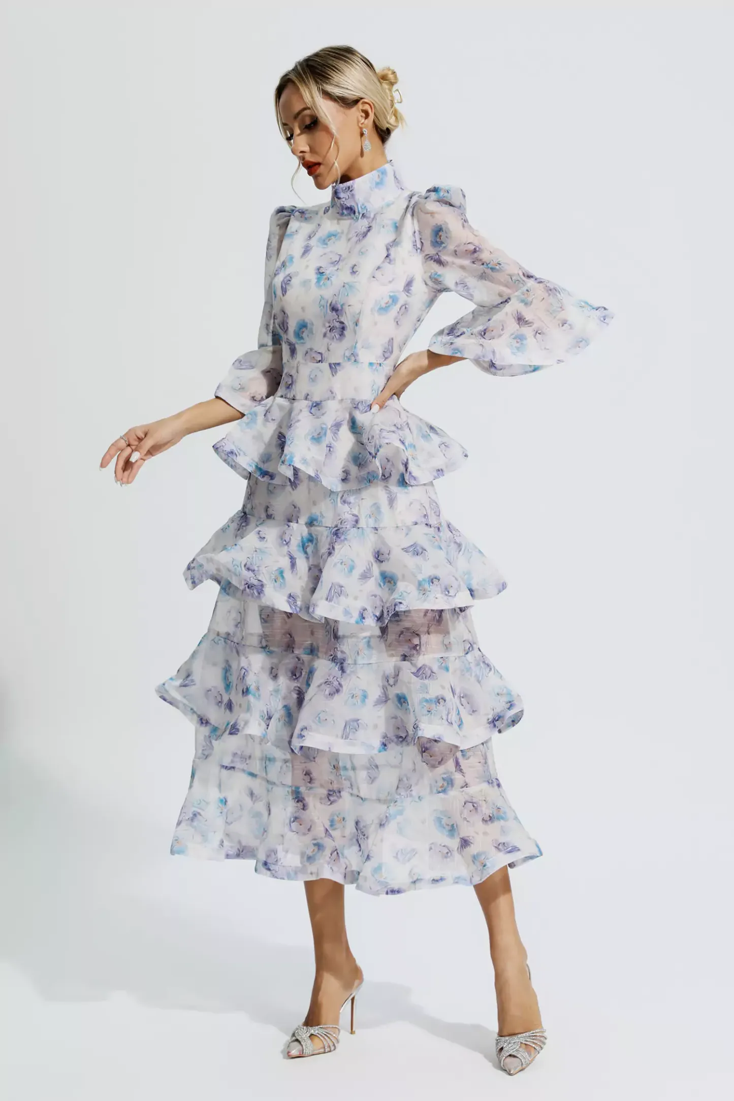 Cynthia Blue Purple Floral Ruched Maxi Dress