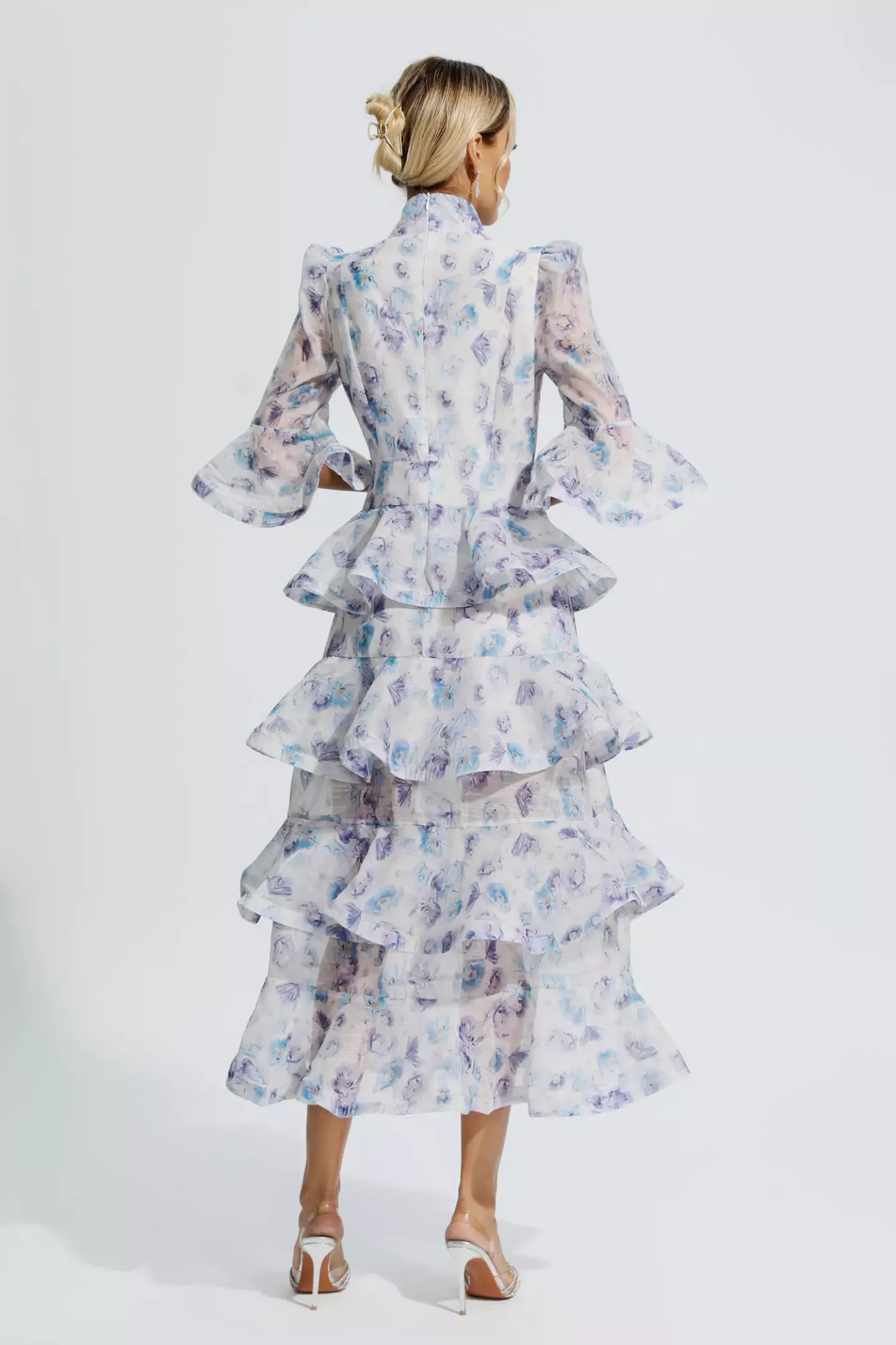 Cynthia Blue Purple Floral Ruched Maxi Dress