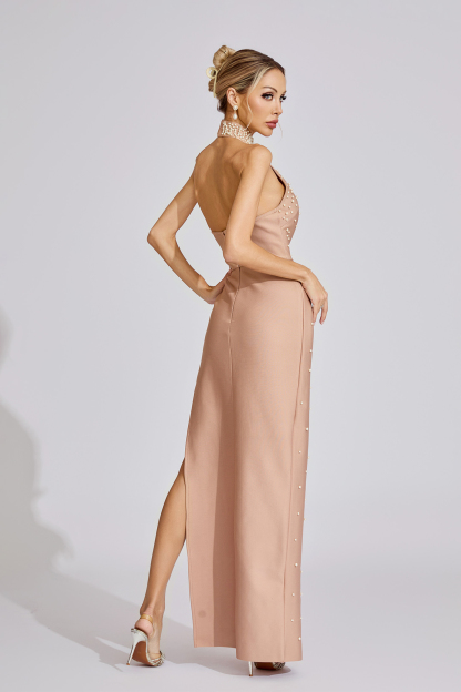 Georgia Apricot Pearl Halter Maxi Dress