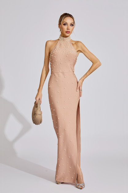 Georgia Apricot Pearl Halter Maxi Dress