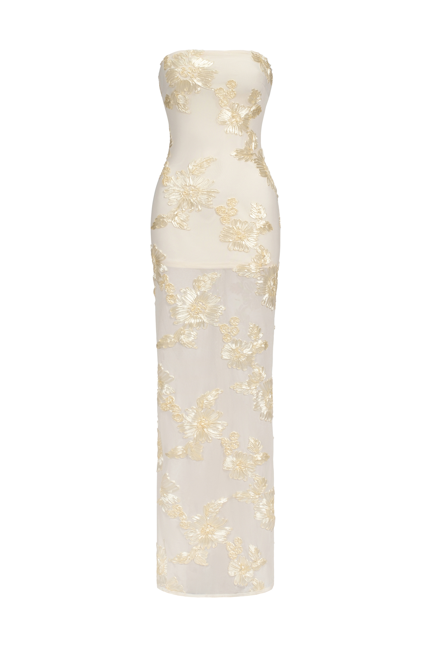 Rachel Strapless Embroidery Flower Mesh Maxi Dress