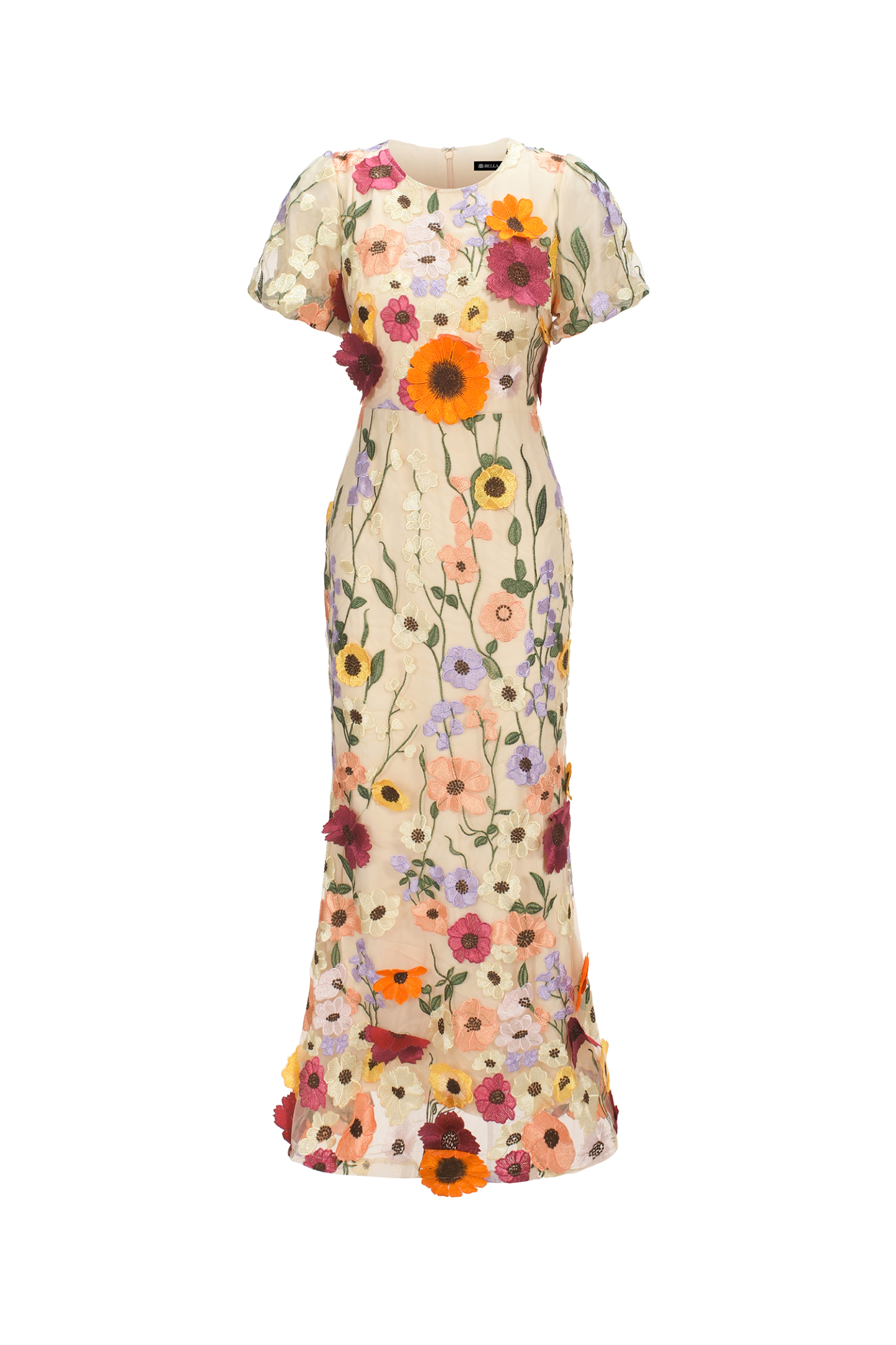 Jaime Short Sleeve Round Neck Flowers Fishtail Midi Dress