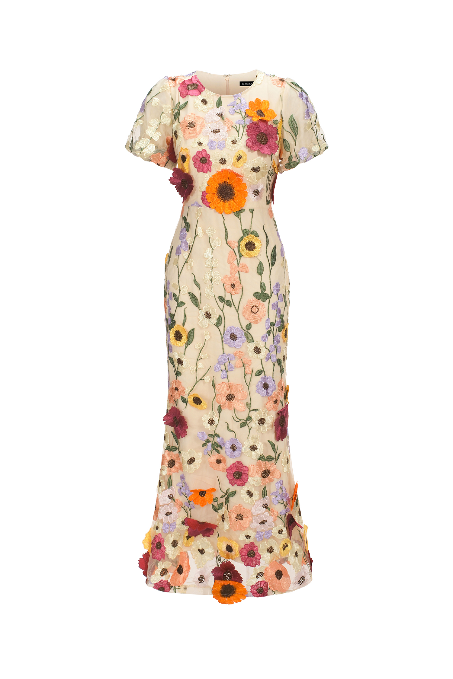 Jaime Short Sleeve Round Neck Flowers Fishtail Midi Dress