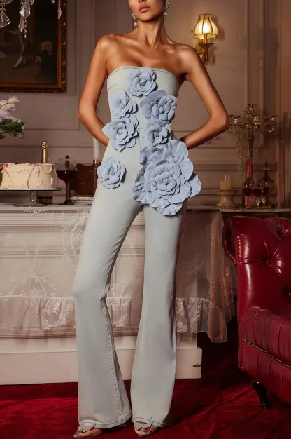 Keila Strapless Flower Denim Jumpsuit