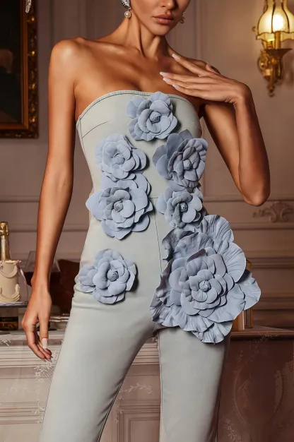 Keila Strapless Flower Denim Jumpsuit