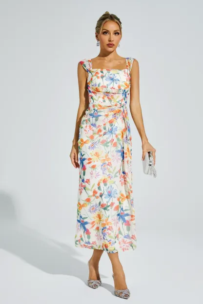 Annelise Orange Flower Waist-cinching Dress