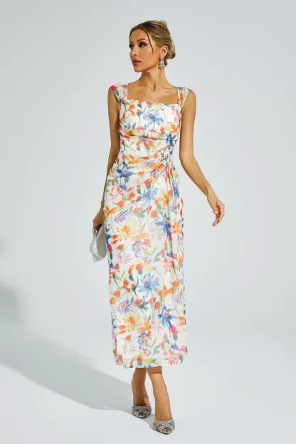 Annelise Orange Flower Waist-cinching Dress