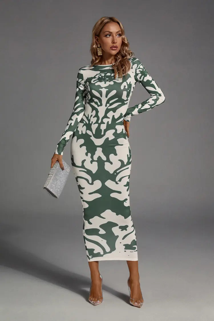 Carmen Green Open-back Printed Maxi Dress