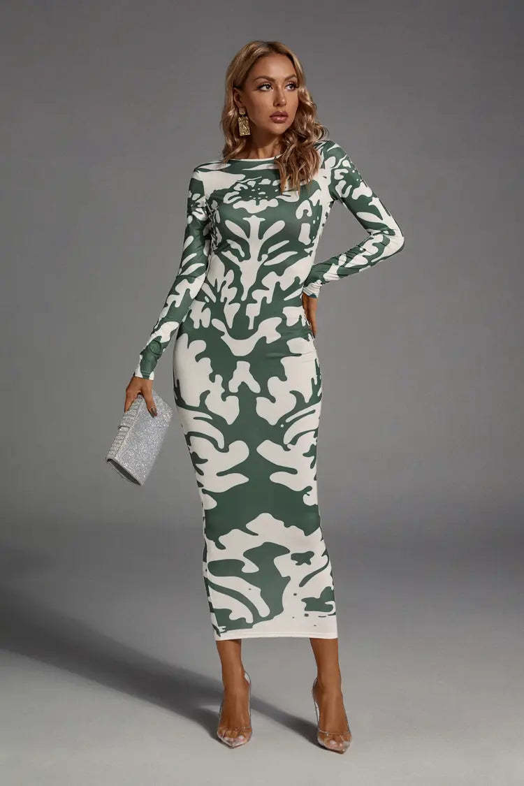 Carmen Green Open-back Printed Maxi Dress